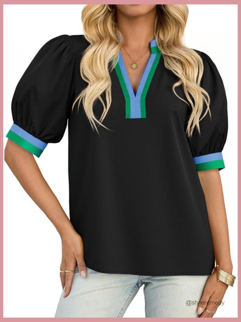 Color Block Puff Sleeve V Neck Cotton Blouse Loose Fit Tee Top